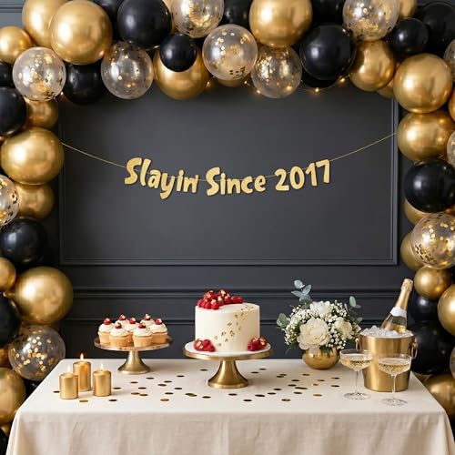Slayin' Since 2017 Gold Glitter Banner - Pre-Strung 9th Birthday Decor