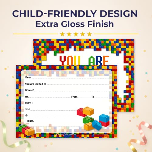Building Block Birthday Invitations - Set of 10 Kids Party Cards