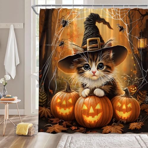 Halloween Cat Shower Curtain - 70x70 Inch Pumpkin Design