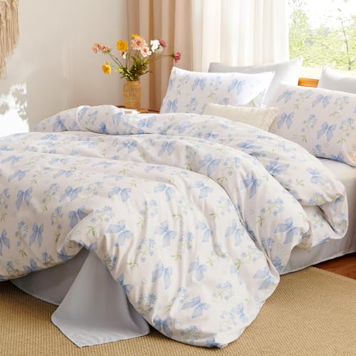 Blue Bow Duvet Cover Set for Kids - Full Size, Floral Design, JFS1379