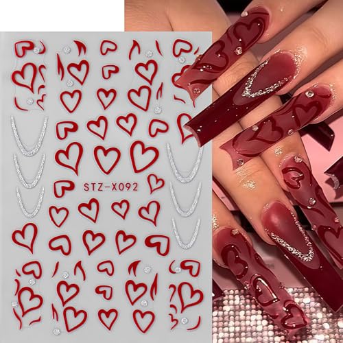 Valentine's Nail Art Stickers 6 Sheets 3D Red Pink Hearts & Bows Decals