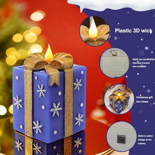 Blue Flameless Gift Box Candle with Remote Timer - Hand-Painted Christmas Decor