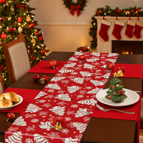 Christmas Tree Cake Table Runner Red 13x48 Inch Holiday Kitchen Dining Decor
