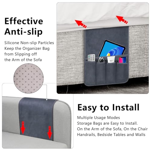 Non-Slip Polar Fleece Couch Armrest Organizer - Dark Gray, 5 Pockets