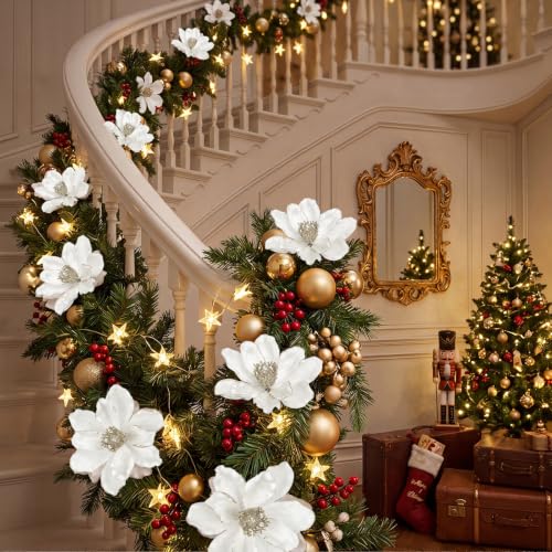 White Glitter Magnolia Artificial Flowers for Christmas Tree - 10 Pieces