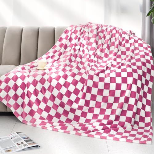 LOKOZ Pink Checkered Fleece Throw Blanket, Soft Fuzzy Lattice, 40"x50"