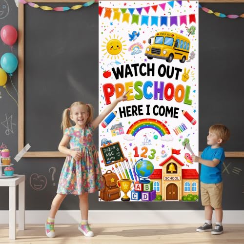 Watch Out Preschool Door Banner - 35x72 inch White School Welcome Backdrop