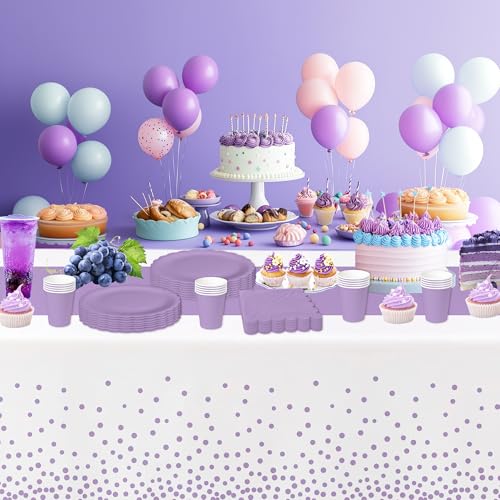 Lavender Purple Party Tablecloth Set - White & Purple Decorations
