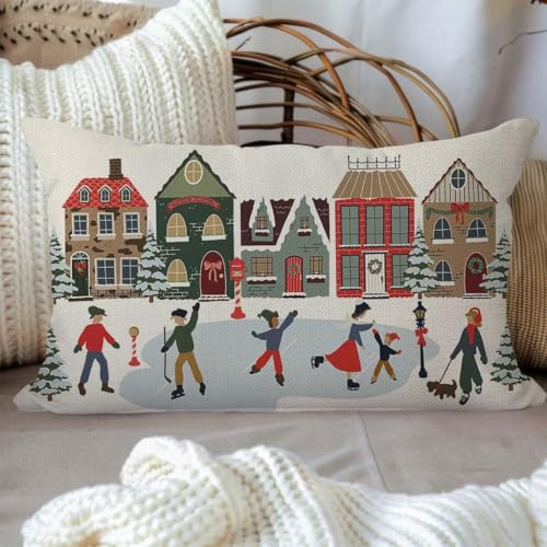 Holiday Throw Pillow Cover 12x20 - Village House Ice Skating