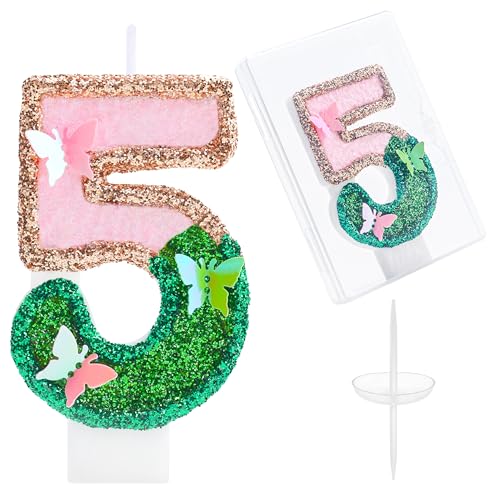 Ritzephyria Butterfly Number 5 Birthday Candle Pink & Green Glitter Cake Topper