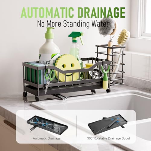 Black Sponge Holder for Kitchen Sink - Rustproof Stainless Steel Caddy