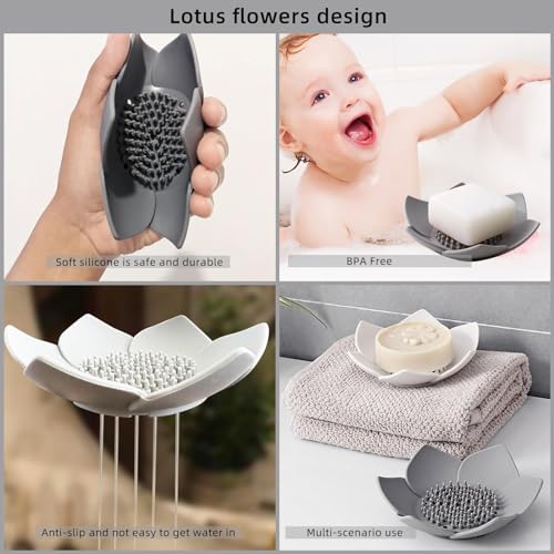 HONYUEYIM Lotus-Shaped Silicone Shower & Soap Dish Tray, Non-Slip Drainage, White/Grey
