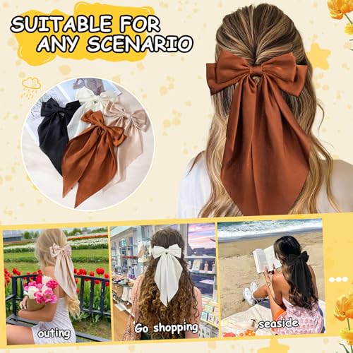 AWAYTR 4 Pcs Big Hair Bows for Women, Silky Satin Long Tail Barrette Clips