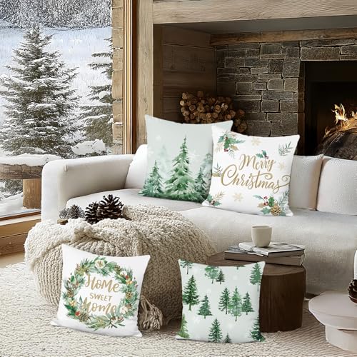 COZZSNUGE Pine Tree Winter Throw Pillow Covers Set of 4 - Rustic Christmas Forest 18x18 Inches, Pine Tree-1