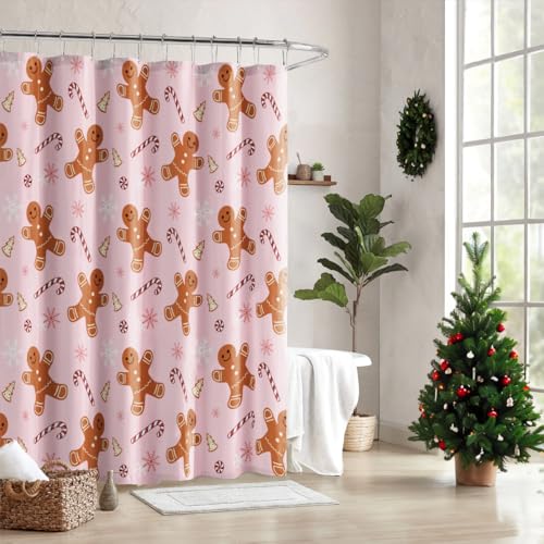 Pink Gingerbread Man Christmas Shower Curtain Set with Hooks