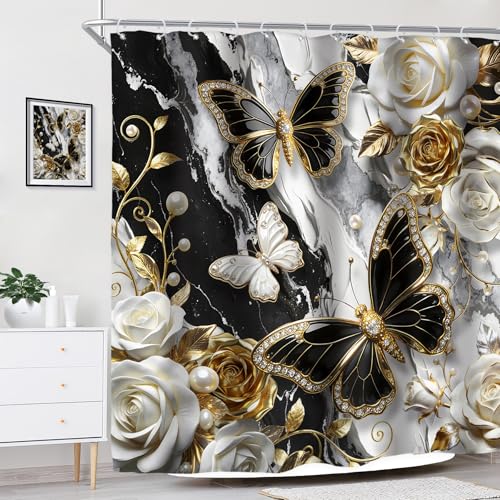 Riyidecor Black and Gold Marble Shower Curtain 72"x72" with Hooks