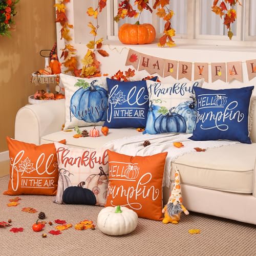 Blue Pumpkin Fall Pillow Covers 18x18 Inch, Set of 4 Buffalo Plaid Autumn Decor