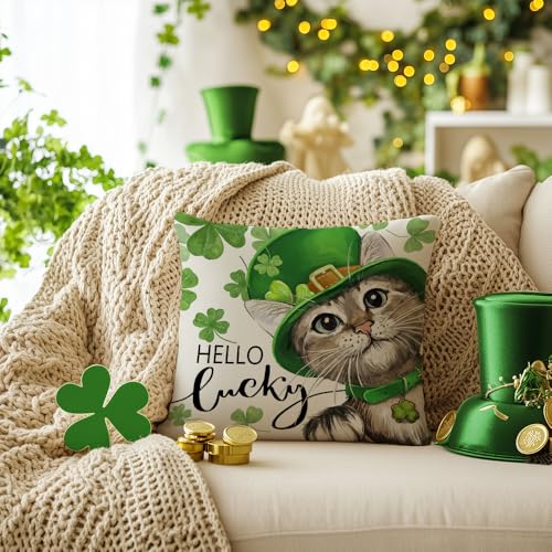 St. Patrick's Day Decorative Pillow Cover 18x18 Inch - Cat Clover Design