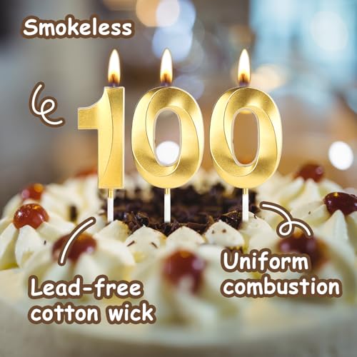 Lnablu 100th Birthday Candles Gold Number 100 for Cake - 4.7in Celebration Decor