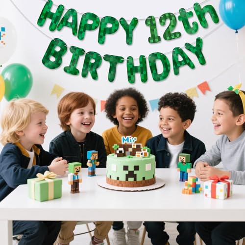 Green Pixel 12th Birthday Banner, Pre-Strung Video Game Party Decor