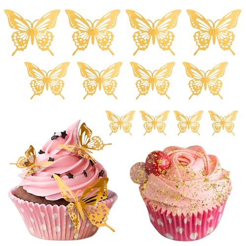 KZZDNN 12 Pcs 3D Gold Butterfly Wall Stickers and Cake Decor