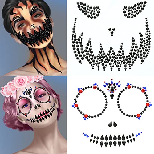 Day of the Dead Face Gems Crystal Rhinestone Skull Tattoo Stickers 2Pcs
