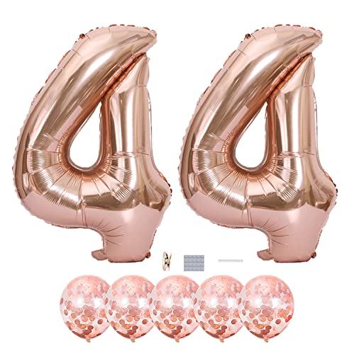Rose Gold 44th Birthday Decorations - 40 Inch Foil & Confetti Balloons