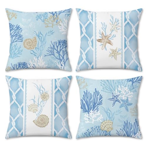 Bonhause Coastal Ocean Throw Pillow Covers, 18x18 Inch, Set of 4, Blue