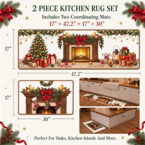Christmas Fireplace Kitchen Mat Set of 2 Non Slip Rugs - Holiday Decor