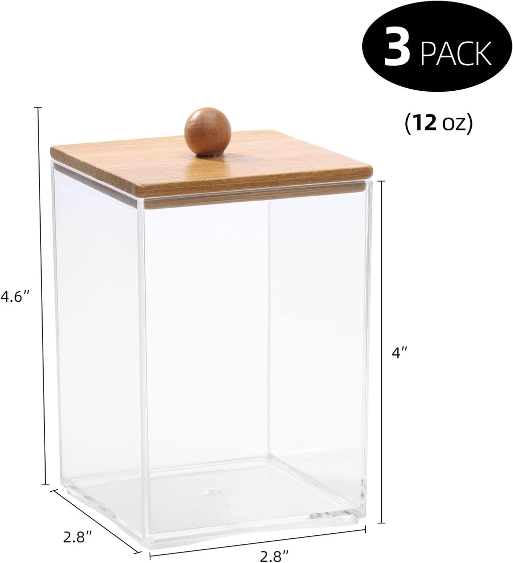 Tbestmax Square Qtip Holder Set - 12 oz Plastic Bathroom Organizers with Bamboo Lids for Cotton Balls & Swabs
