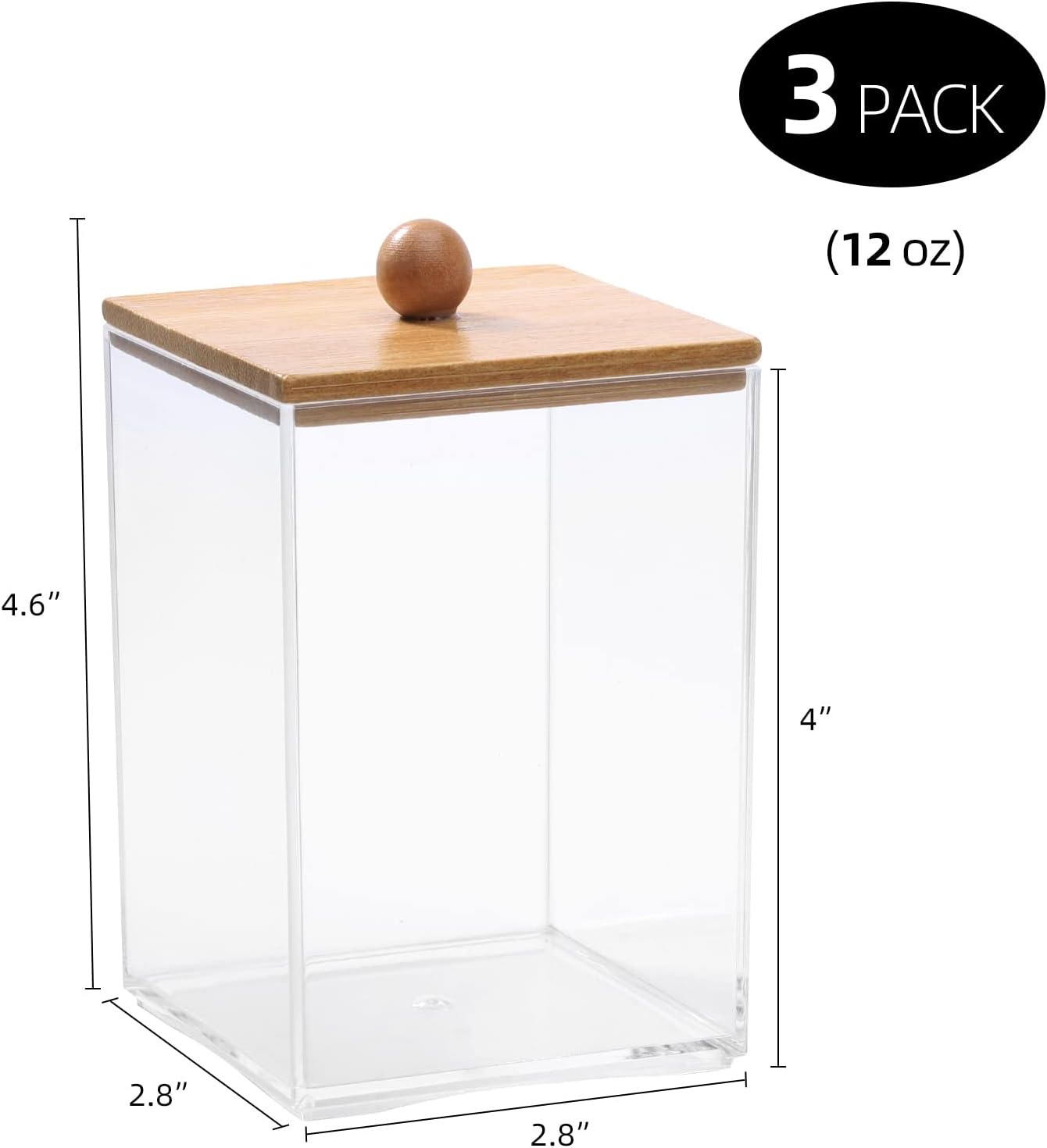 Tbestmax Square Qtip Holder Set - 12 oz Plastic Bathroom Organizers with Bamboo Lids for Cotton Balls & Swabs