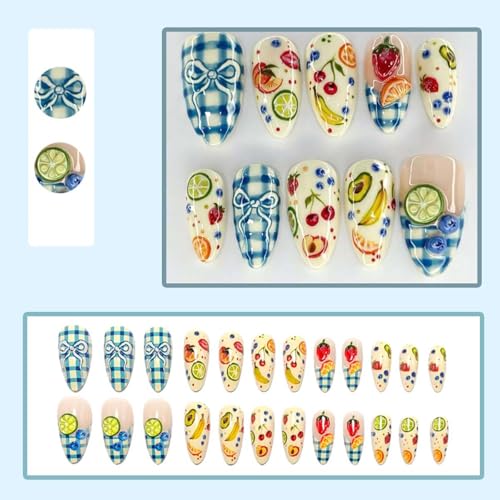 Medium Almond Press on Nails Bow Cherry Design False Nails 24Pcs