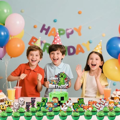 21-Piece Pixel Gaming Cake Decoration Set with Happy Birthday Topper