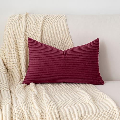 Yosodeko 12x24 Inch Striped Corduroy Lumbar Pillow Cover, Burgundy