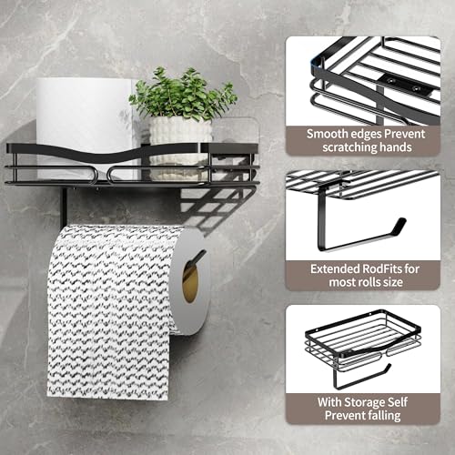 YIGII Wall-Mounted Toilet Paper Holder with Shelf - Matte Black