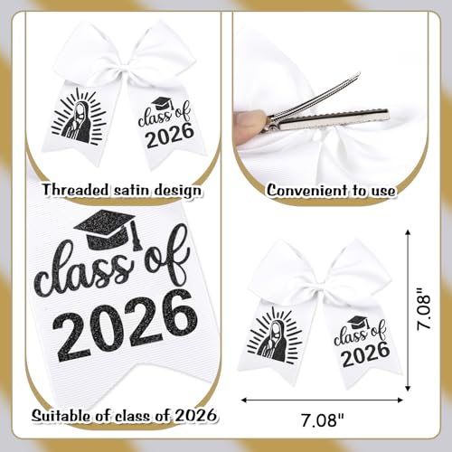 Class of 2026 Graduation Cap Bow with Clip - White Satin Hair Accessory