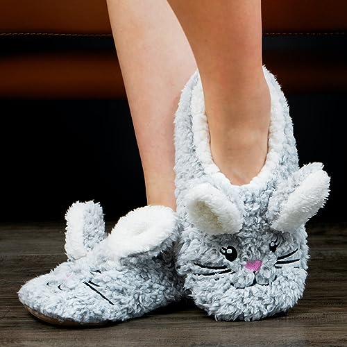 Cute Animal Slippers for Women and Kids - Grey Bunny, Non-Slip Fuzzy Soft Sole