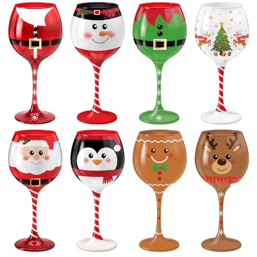 Christmas Wine Glasses Set - 8 Pcs 16.8 oz Holiday Stemware with Santa & Reindeer Designs - Variation: Classic