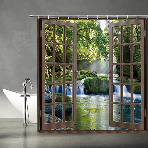 ABONAN 3D Waterfall Rainforest Shower Curtain, Green & Brown, 70 x 70 Inch
