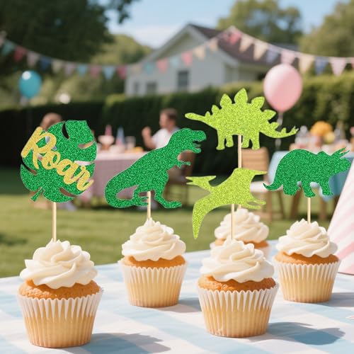 12 Dinosaur Cupcake Toppers - Glittery Party Decor for Kids