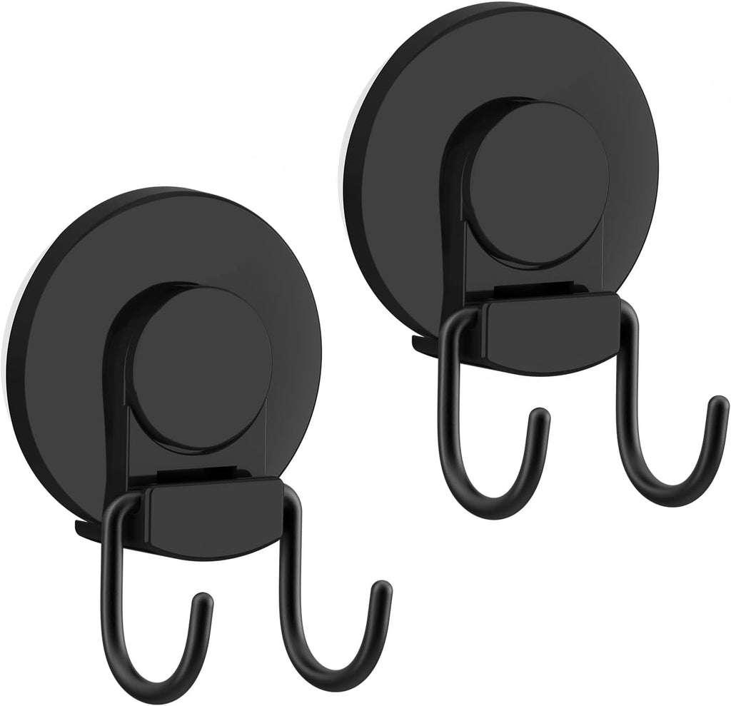 VIS'V Heavy Duty Shower Suction Cup Hooks - Removable & Reusable Double Hooks, Black (2 Pcs)