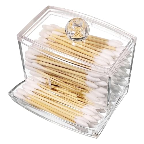 Clear Acrylic Q-Tip Holder with Lid - Compact Bathroom Vanity Storage