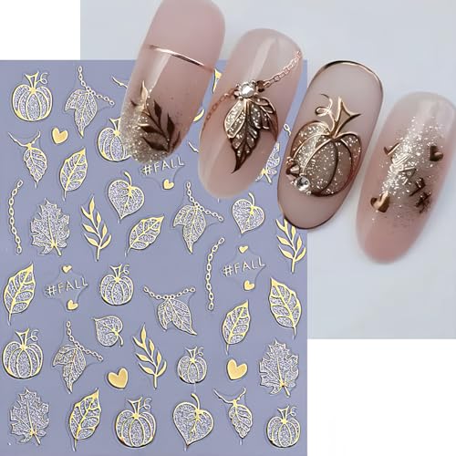 Sutaozhi 5Pcs Fall & Halloween Nail Art Stickers 3D Self-Adhesive Pumpkin Maple Leaf Decals