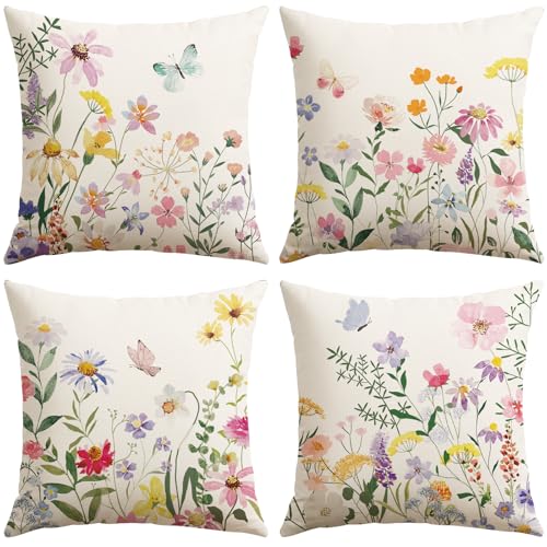 Artscope Floral Throw Pillow Covers Set of 4, 18x18 Inch Spring Decor