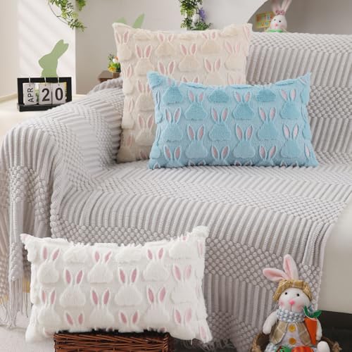 Easter Pillow Cover 12x20 Inch Soft Plush White Rabbit Design