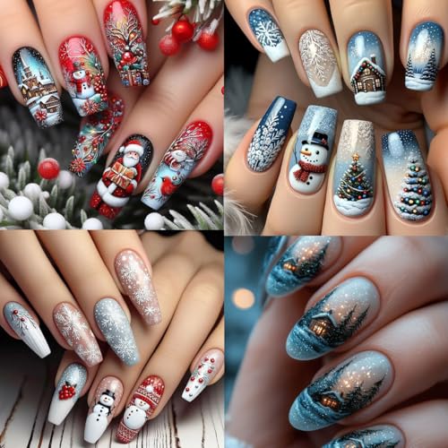 BUNLVDI 4 Sheets Christmas Nail Art Stickers - 3D Self-Adhesive Winter Deer & Snowflake Decals