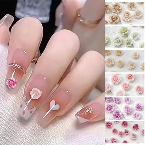 Qdsuh 100PCS 3D Resin Flower Nail Charms - Mixed Color Rose Manicure Art