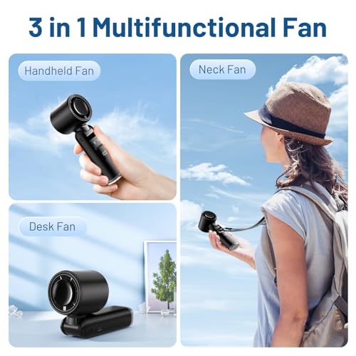Lerat Midnight Black Portable Handheld Turbo Fan - 12H Runtime, 5 Speeds, LED Display & Flashlight