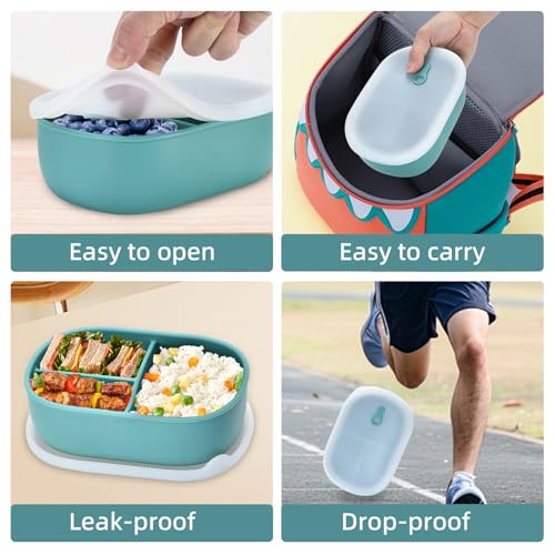 Leakproof Bento Box - 1 Pack Silicone Lunch Container with 3 Compartments