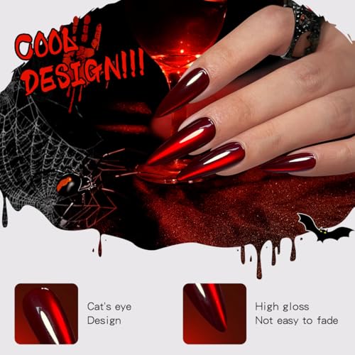Red Vampire Cat Eye Press On Nails Long Stiletto Acrylic False Nails Kit